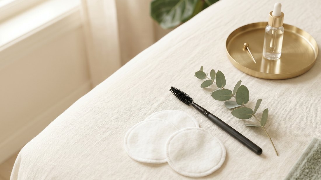 Flat lay med spoolie-borste, bomullspads och eukalyptus på mässingsbricka.